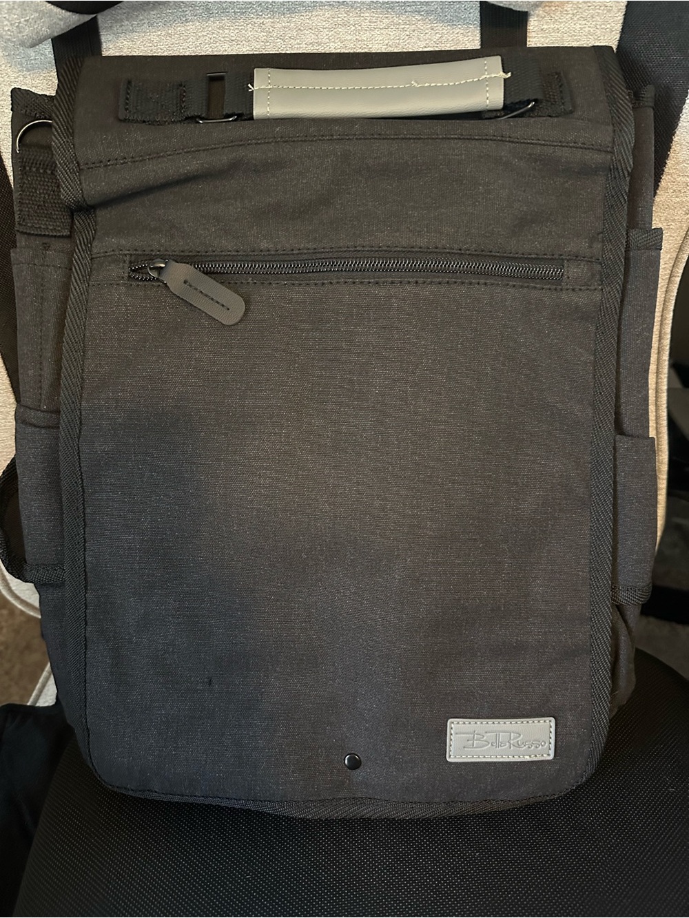 Black Canvas Messenger Bag with Front Zip Pocket